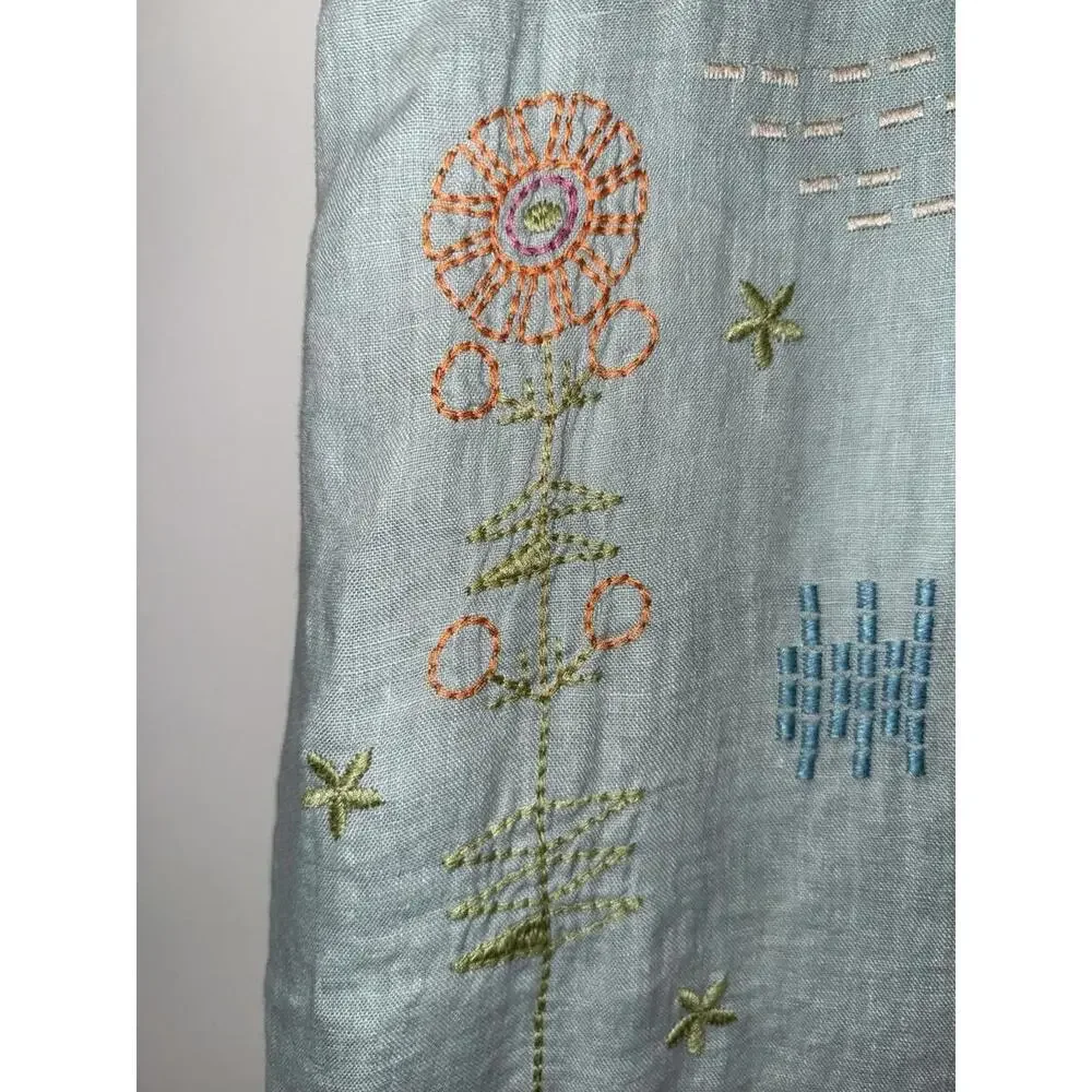 Johnny Was Biya Elektra Dress Embroidered Floral Linen Button Front Sz M Blue - Picture 7 of 11